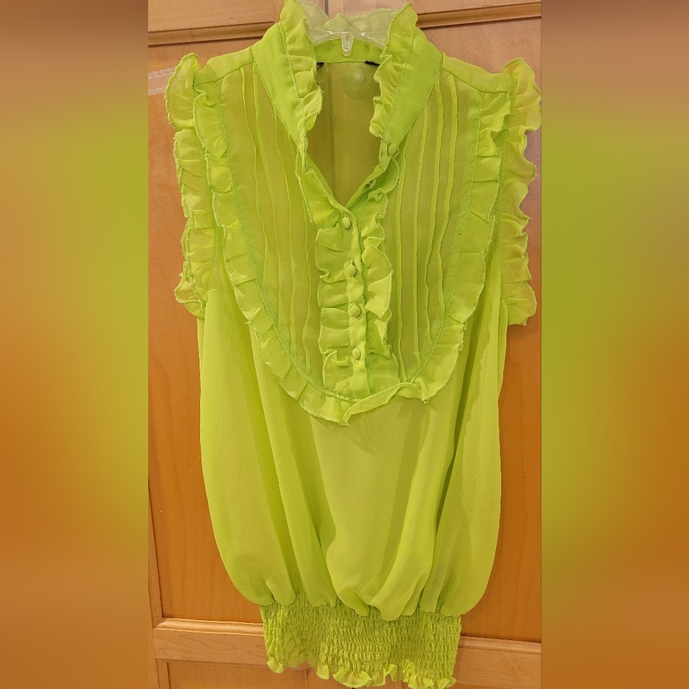 Vibrant Lime Green Sheer Ruffled Blouse